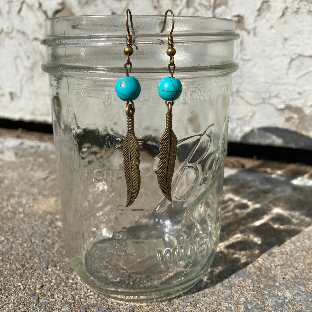 Feather Beaded Dangle Earrings Turquoise and Brushed Brass Color Pierced Ears
